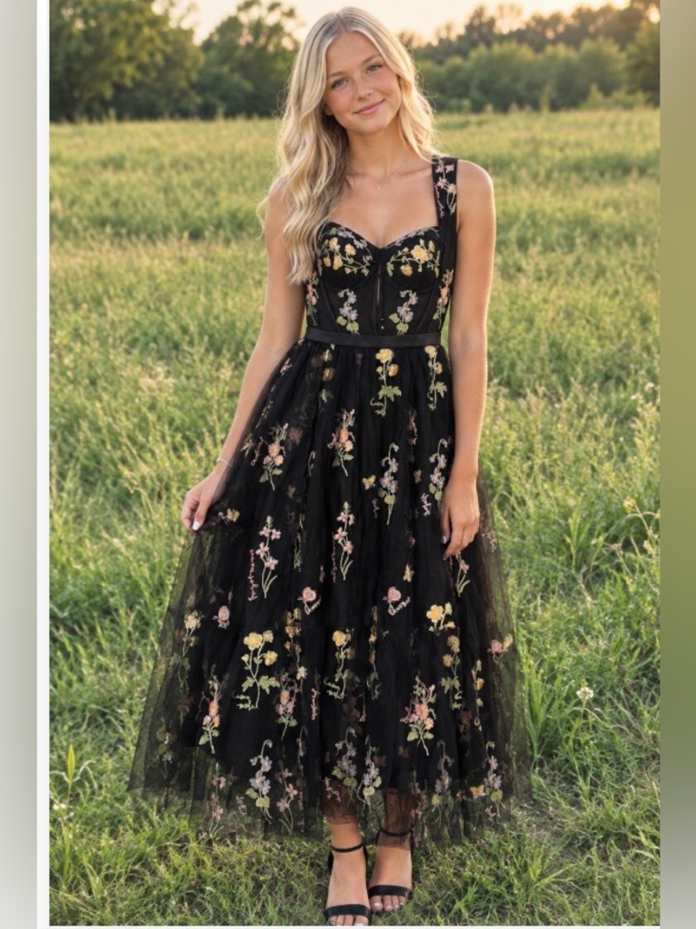 NWT Cottagecore Black Embroidered Tulle Homecoming Tea Length Dress Size 12